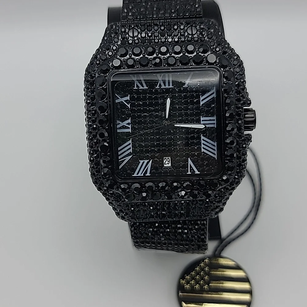 Blacked Out Square Mens Watch Pavé Crystals 41mm Roman Numerals Date Illuminated
